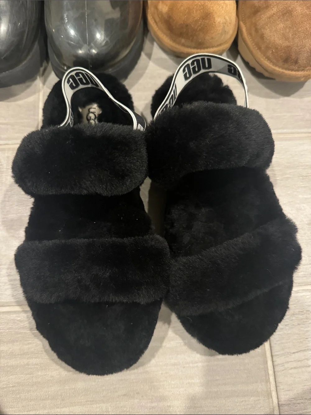 UGG Kids Black Faux Fur Slide Sandals
